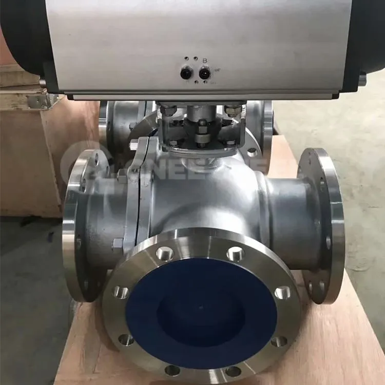 Pneimatiskais nerūsējošā tērauda trīsceļu lodveida vārsts